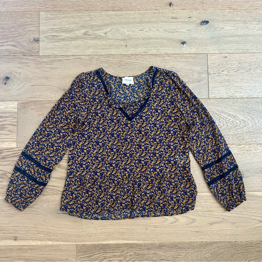 Sezane Floral Print Lace Inset Long Sleeve Blouse Top